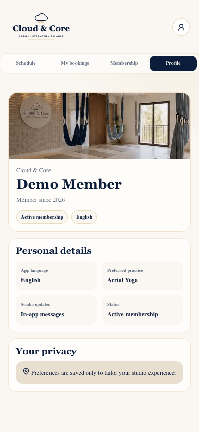 Profile screen in the Cloud & Core app