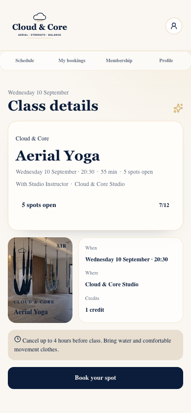 Class details and booking in the Cloud & Core app