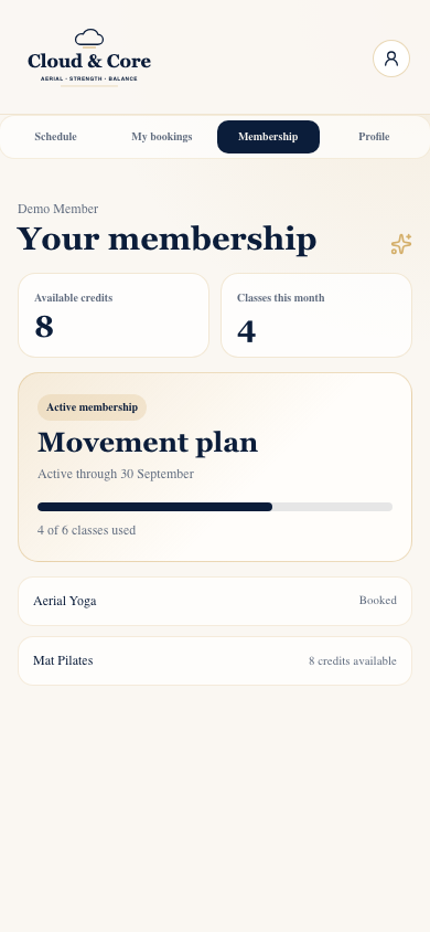 Membership and class credits in the Cloud & Core app