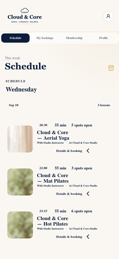 Class schedule in the Cloud & Core app